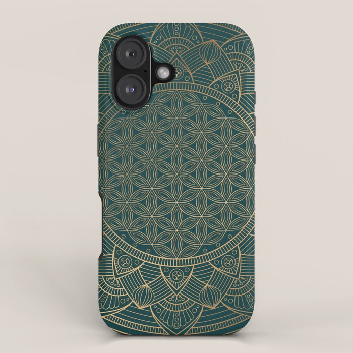 The Flower of Life Gold Mandala On Dark Green iPhone Case Gallery Image 1
