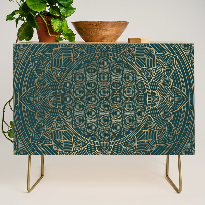 The Flower of Life Gold Mandala On Dark Green Credenza Gallery Image 1