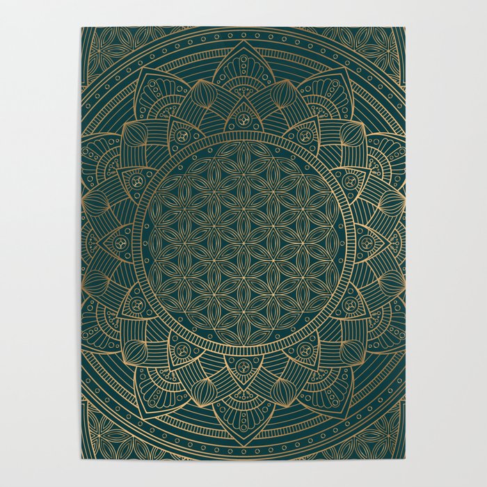 The Flower of Life Gold Mandala On Dark Green Poster Gallery Image 4
