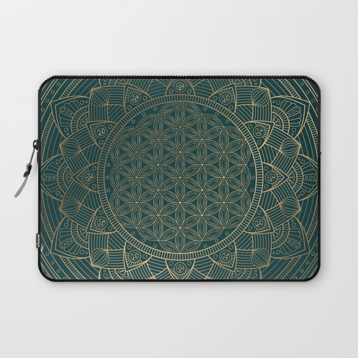 The Flower of Life Gold Mandala On Dark Green Laptop Sleeve Gallery Image 1