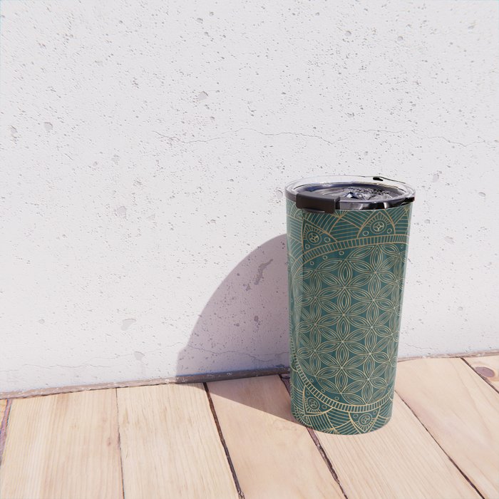 The Flower of Life Gold Mandala On Dark Green Travel Mug Gallery Image 4