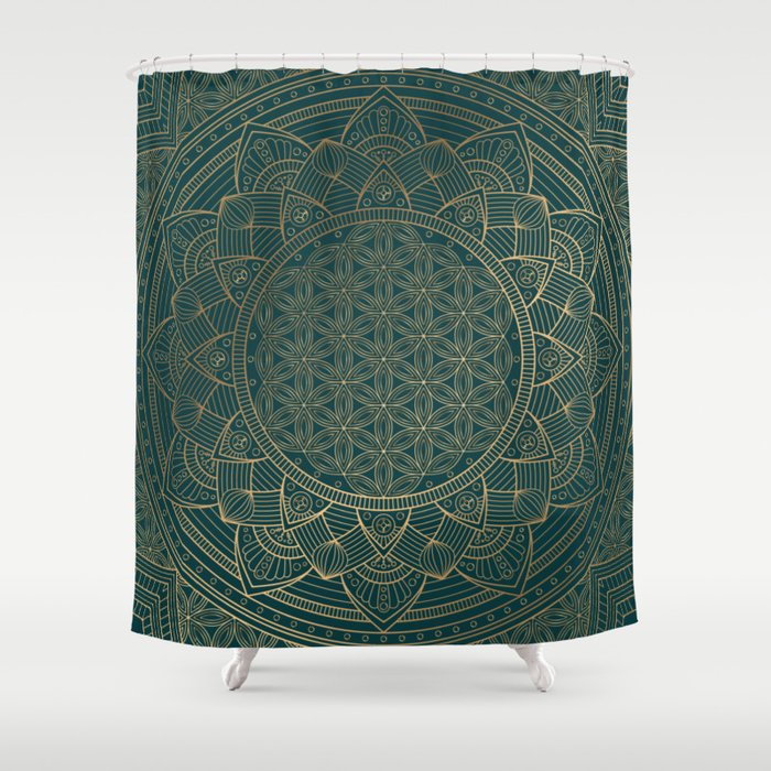 The Flower of Life Gold Mandala On Dark Green Shower Curtain Gallery Image 1