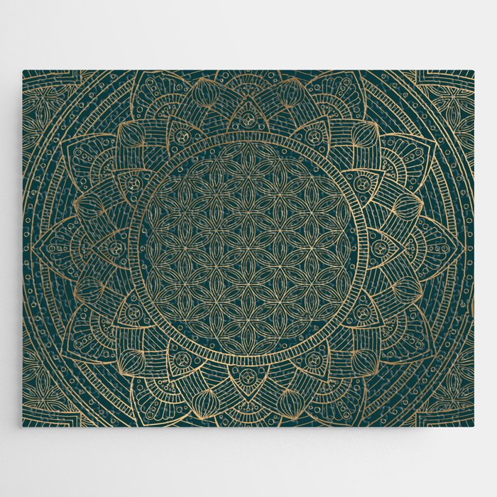 The Flower of Life Gold Mandala On Dark Green Jigsaw Puzzle Gallery Image 1