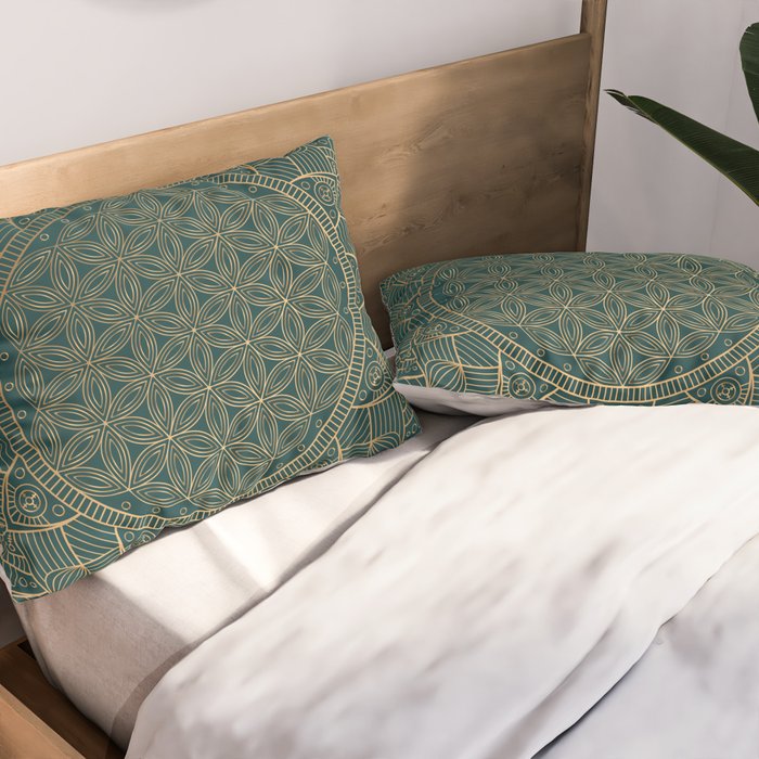 The Flower of Life Gold Mandala On Dark Green Pillow Sham Gallery Image 2