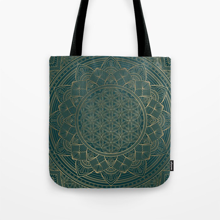 The Flower of Life Gold Mandala On Dark Green Tote Bag Gallery Image 1