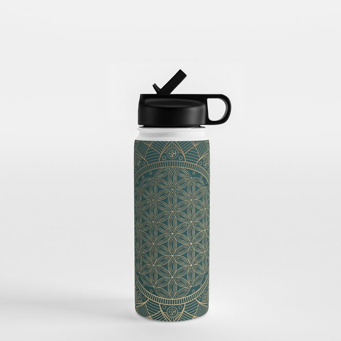 The Flower Of Life Gold Mandala On Dark Green Water Bottle