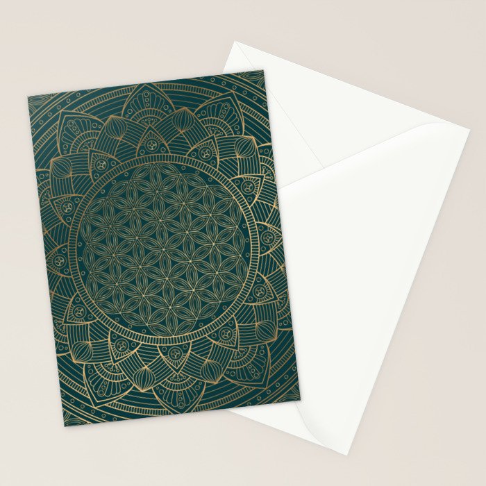 The Flower of Life Gold Mandala On Dark Green Stationery Card Gallery Image 2