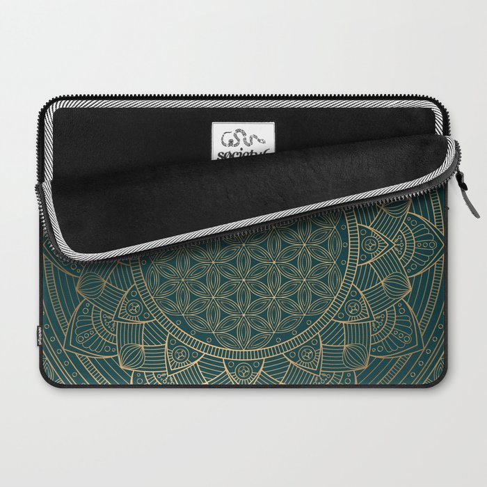 The Flower of Life Gold Mandala On Dark Green Laptop Sleeve Gallery Image 2