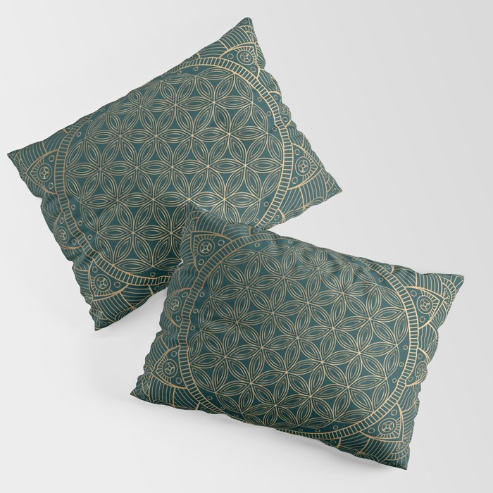 The Flower of Life Gold Mandala On Dark Green Pillow Sham Gallery Image 3