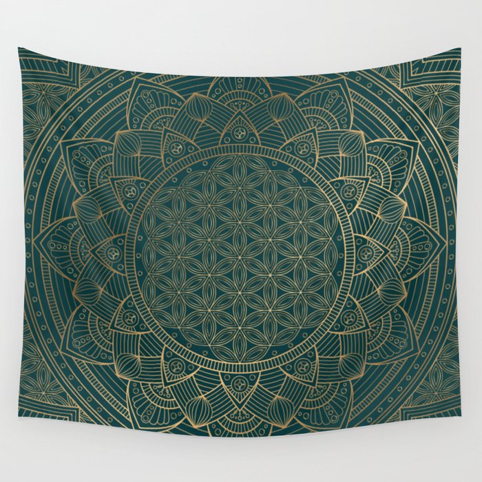 The Flower of Life Gold Mandala On Dark Green Wall Tapestry Gallery Image 1