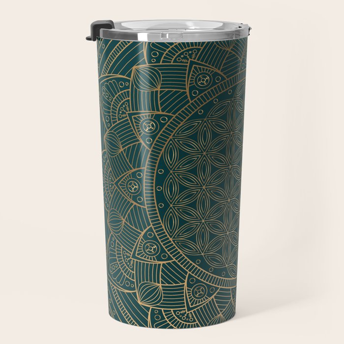 The Flower of Life Gold Mandala On Dark Green Travel Mug Gallery Image 3
