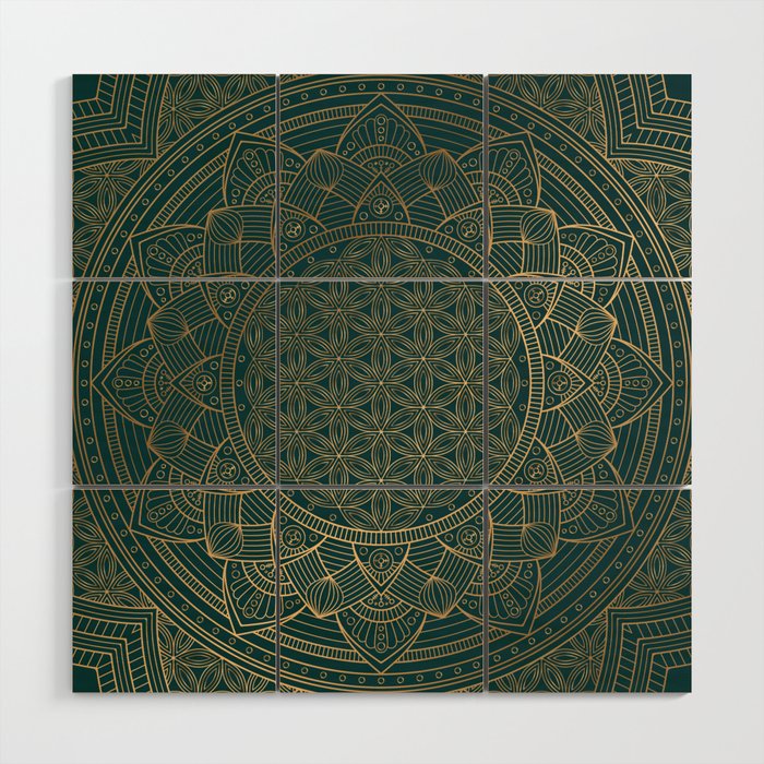 The Flower of Life Gold Mandala On Dark Green Wood Wall Art Gallery Image 1