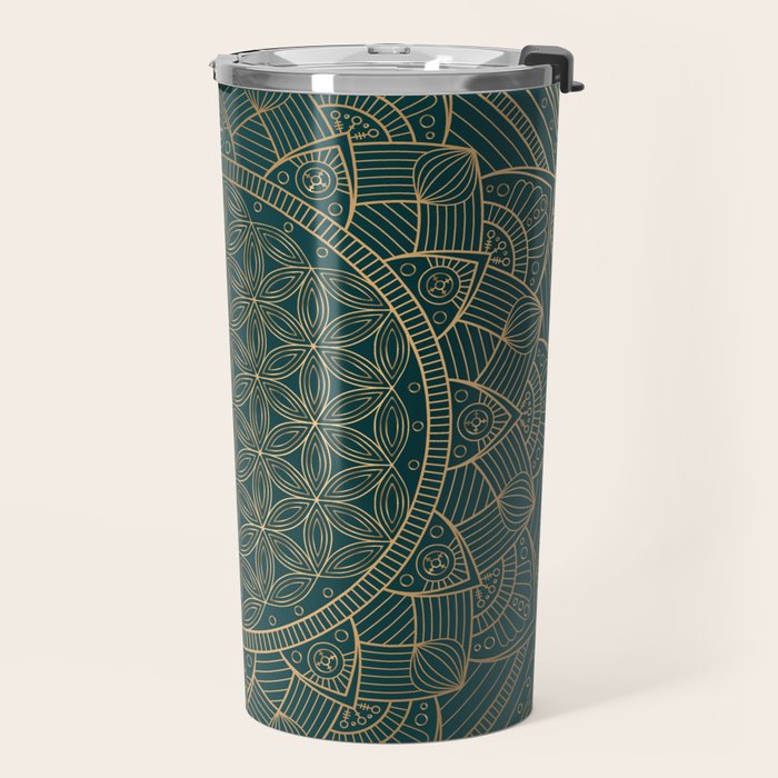 The Flower of Life Gold Mandala On Dark Green Travel Mug Gallery Image 2