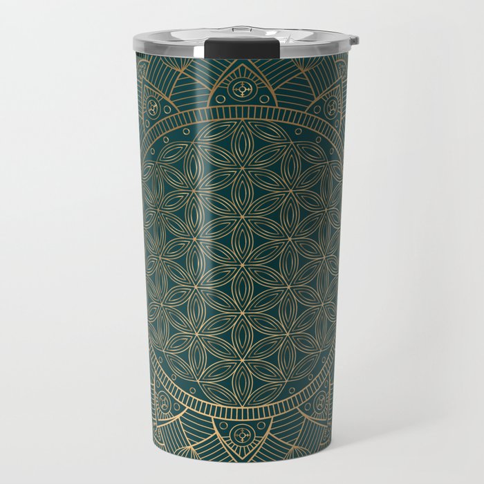 The Flower of Life Gold Mandala On Dark Green Travel Mug Gallery Image 1