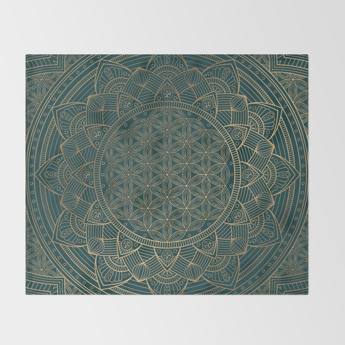 The Flower of Life Gold Mandala On Dark Green Throw Blanket Gallery Image 2