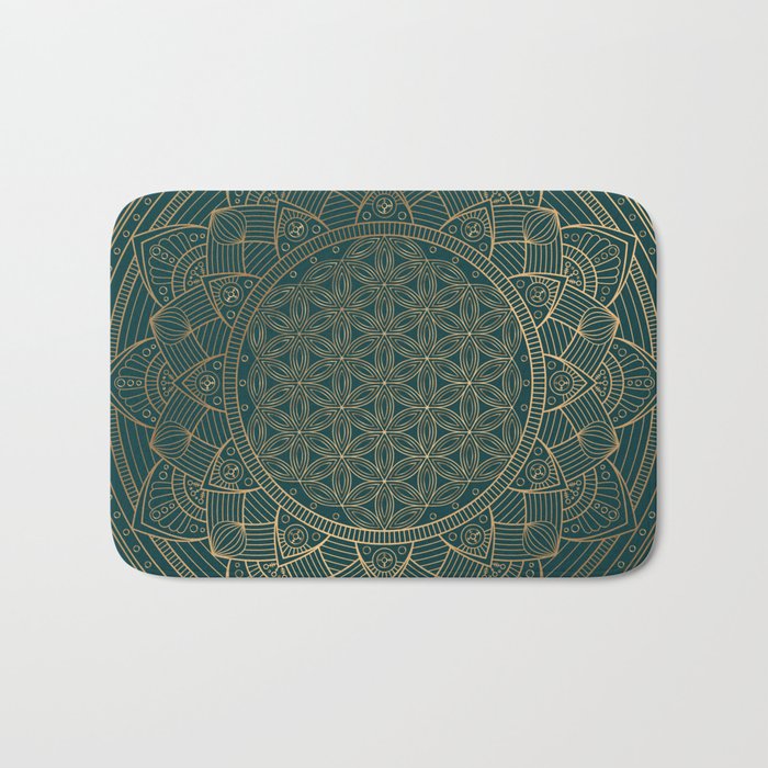 The Flower of Life Gold Mandala On Dark Green Bath Mat Gallery Image 1