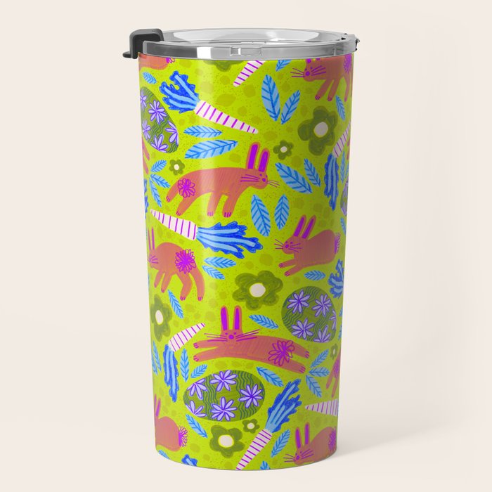 Happy Colorful Rabbits & Decorative Eggs in Chartreuse & Pink Travel Mug Gallery Image 3