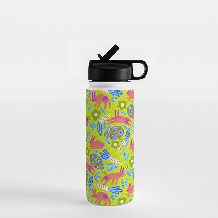 Happy Colorful Rabbits & Decorative Eggs in Chartreuse & Pink Water Bottle Gallery Image 1