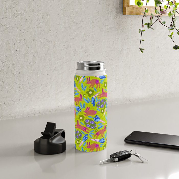 Happy Colorful Rabbits & Decorative Eggs in Chartreuse & Pink Water Bottle Gallery Image 4