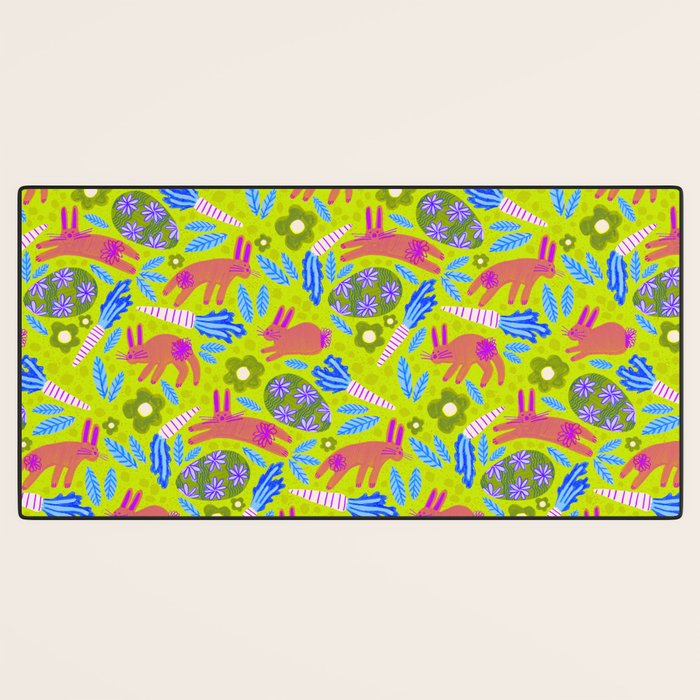 Happy Colorful Rabbits & Decorative Eggs in Chartreuse & Pink Desk Mat Gallery Image 3