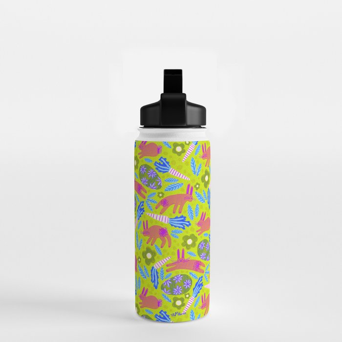 Happy Colorful Rabbits & Decorative Eggs in Chartreuse & Pink Water Bottle Gallery Image 2