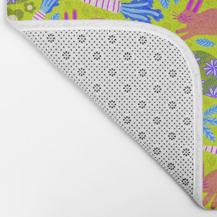 Happy Colorful Rabbits & Decorative Eggs in Chartreuse & Pink Bath Mat Gallery Image 2