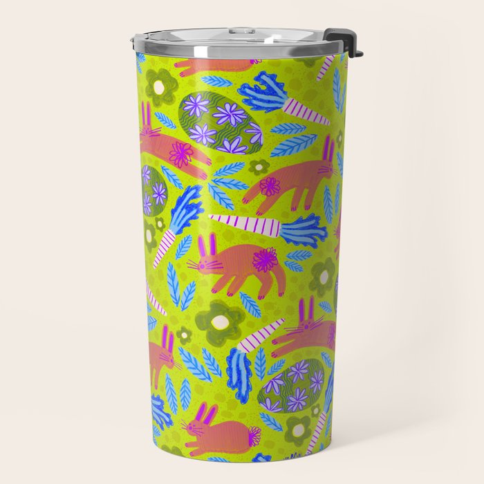 Happy Colorful Rabbits & Decorative Eggs in Chartreuse & Pink Travel Mug Gallery Image 2