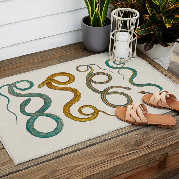 Albertus Seba Snakes Illustration Teal And Yellow Scales Outdoor Rug Gallery Image 2