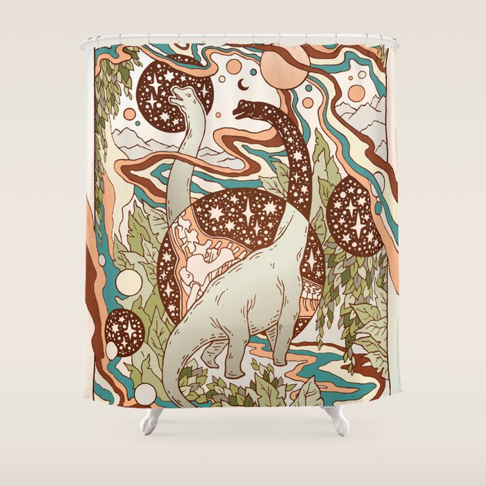 Jurassic Portal | Retro Rainbow Palette | Dinosaur Science Fiction Art Shower Curtain Gallery Image 1