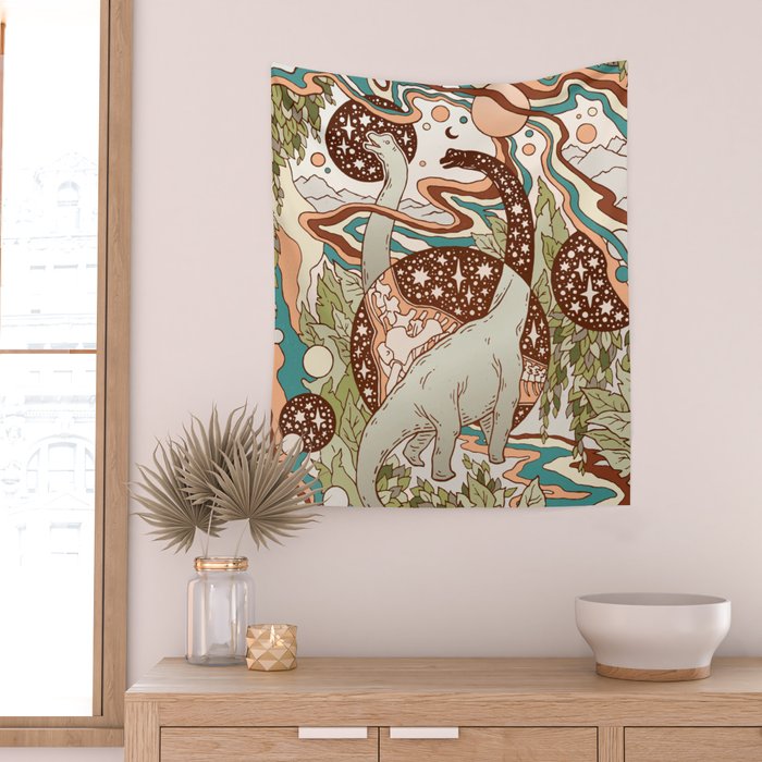 Jurassic Portal | Retro Rainbow Palette | Dinosaur Science Fiction Art Wall Tapestry Gallery Image 2