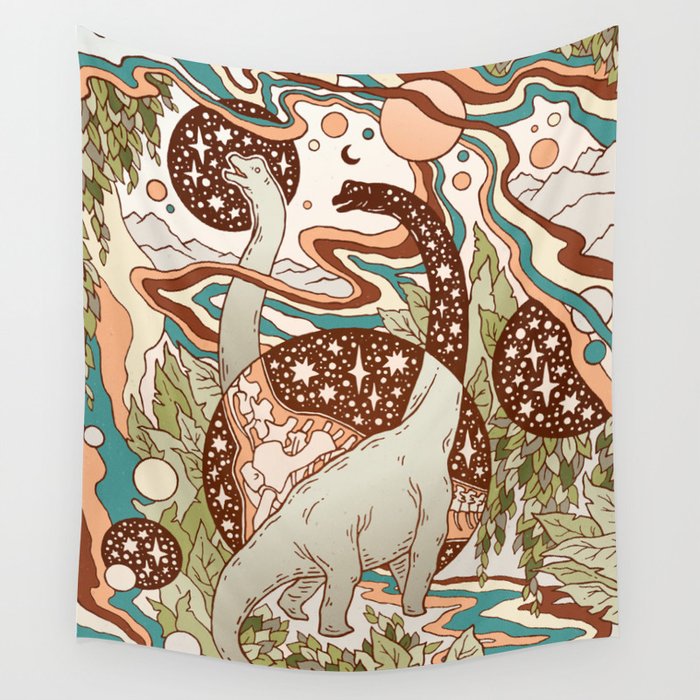 Jurassic Portal | Retro Rainbow Palette | Dinosaur Science Fiction Art Wall Tapestry Gallery Image 1