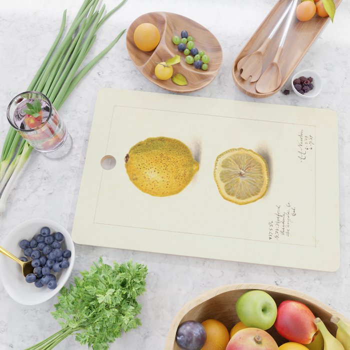 Vintage Lemon Botanical Illustration Antique Citrus Fruit Art with Yellow Tones Cutting Board Gallery Image 2