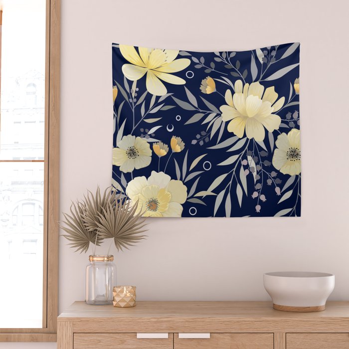 Modern, Boho, Floral Prints, Blue and Yellow Wall Tapestry Gallery Image 2