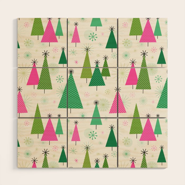 Mid-Century Modern Christmas Trees - Pink and Green Wood Wall Art Gallery Image 1