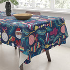 Mexican Christmas Tree // blue background blue pine leaves multicoloured holiday decorations pan dulce balls cacti hearts birds pom-pom garland pinatas santa claus conchas donuts Tablecloth Gallery Image 3