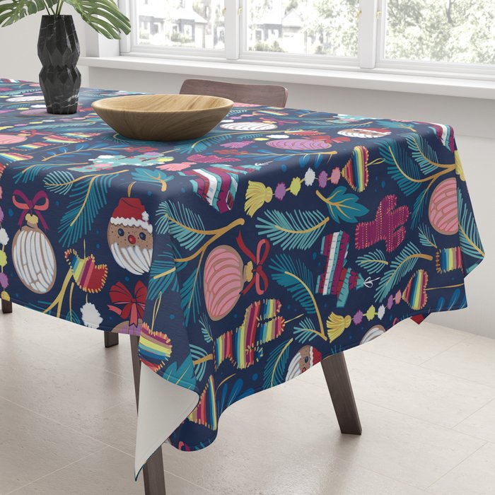 Mexican Christmas Tree // blue background blue pine leaves multicoloured holiday decorations pan dulce balls cacti hearts birds pom-pom garland pinatas santa claus conchas donuts Tablecloth Gallery Image 3