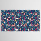 Mexican Christmas Tree // blue background blue pine leaves multicoloured holiday decorations pan dulce balls cacti hearts birds pom-pom garland pinatas santa claus conchas donuts Tablecloth Gallery Image 2