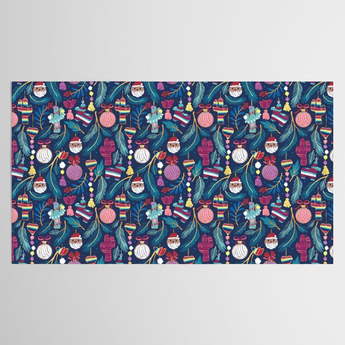 Mexican Christmas Tree // blue background blue pine leaves multicoloured holiday decorations pan dulce balls cacti hearts birds pom-pom garland pinatas santa claus conchas donuts Tablecloth Gallery Image 2