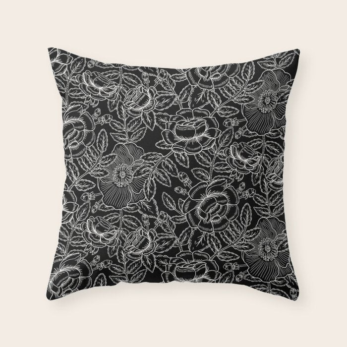 Gothic Rose in Black and White Throw Pillow Gallery Image 1