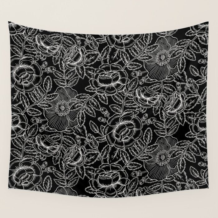 Gothic Rose in Black and White Wall Tapestry Gallery Image 1