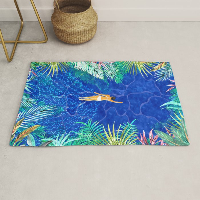 Tropical Jungle Pool | Forest Pop of Color Botanical | Travel Wild Plants Eclectic Watercolor Swim  Rug Gallery Image 1