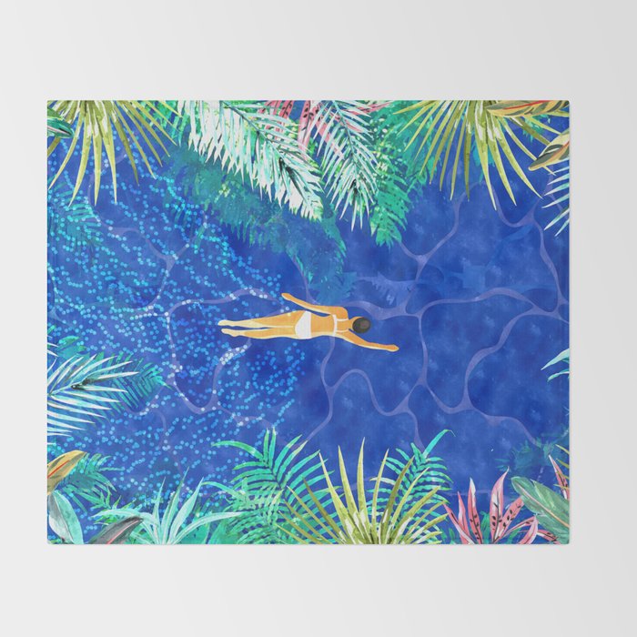 Tropical Jungle Pool | Forest Pop of Color Botanical | Travel Wild Plants Eclectic Watercolor Swim  Throw Blanket Gallery Image 2