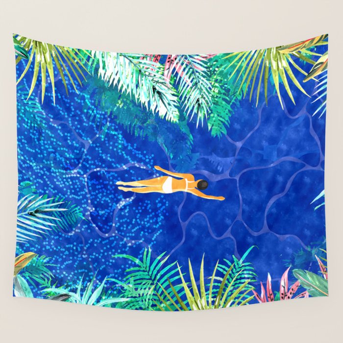 Tropical Jungle Pool | Forest Pop of Color Botanical | Travel Wild Plants Eclectic Watercolor Swim  Wall Tapestry Gallery Image 4
