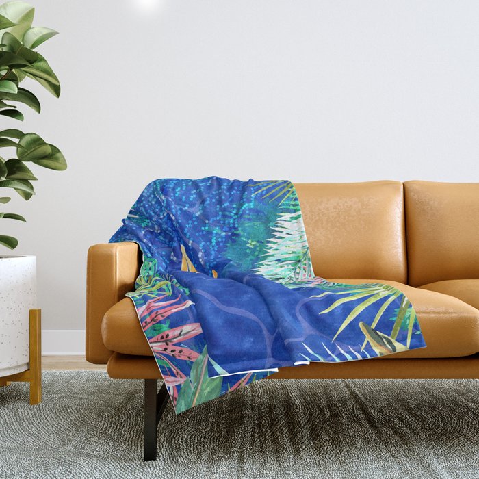 Tropical Jungle Pool | Forest Pop of Color Botanical | Travel Wild Plants Eclectic Watercolor Swim  Throw Blanket Gallery Image 1