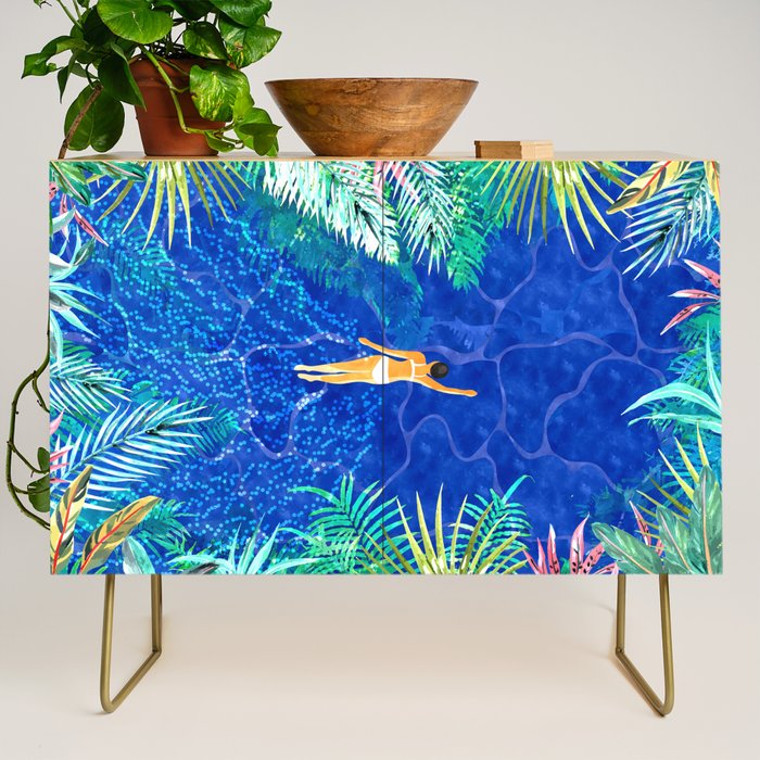 Tropical Jungle Pool | Forest Pop of Color Botanical | Travel Wild Plants Eclectic Watercolor Swim  Credenza Gallery Image 1