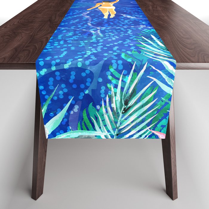Tropical Jungle Pool | Forest Pop of Color Botanical | Travel Wild Plants Eclectic Watercolor Swim  Table Runner Gallery Image 1