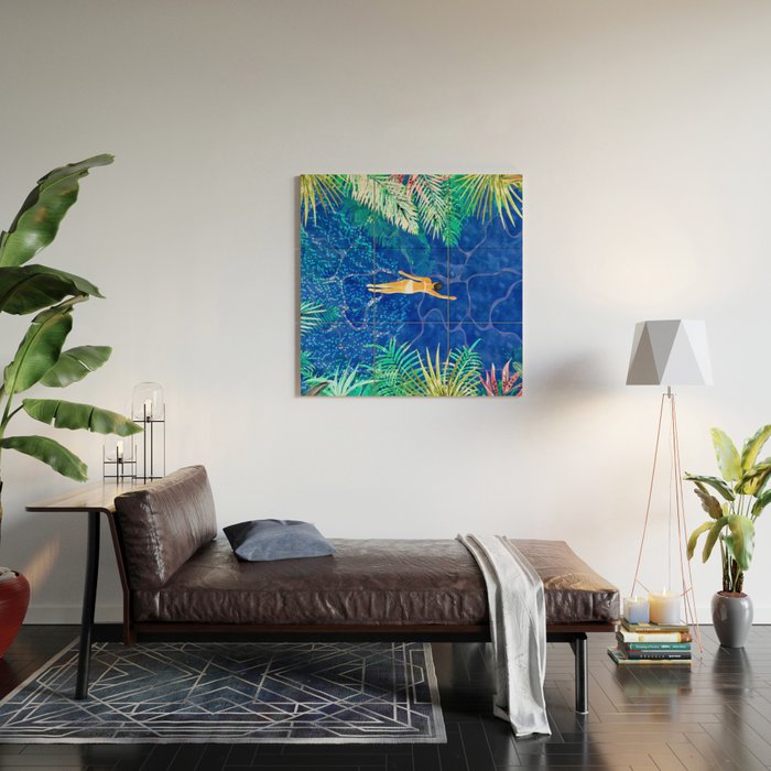 Tropical Jungle Pool | Forest Pop of Color Botanical | Travel Wild Plants Eclectic Watercolor Swim  Wood Wall Art Gallery Image 2