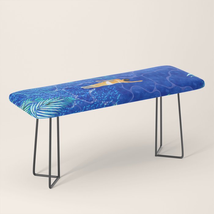 Tropical Jungle Pool | Forest Pop of Color Botanical | Travel Wild Plants Eclectic Watercolor Swim  Bench Gallery Image 1