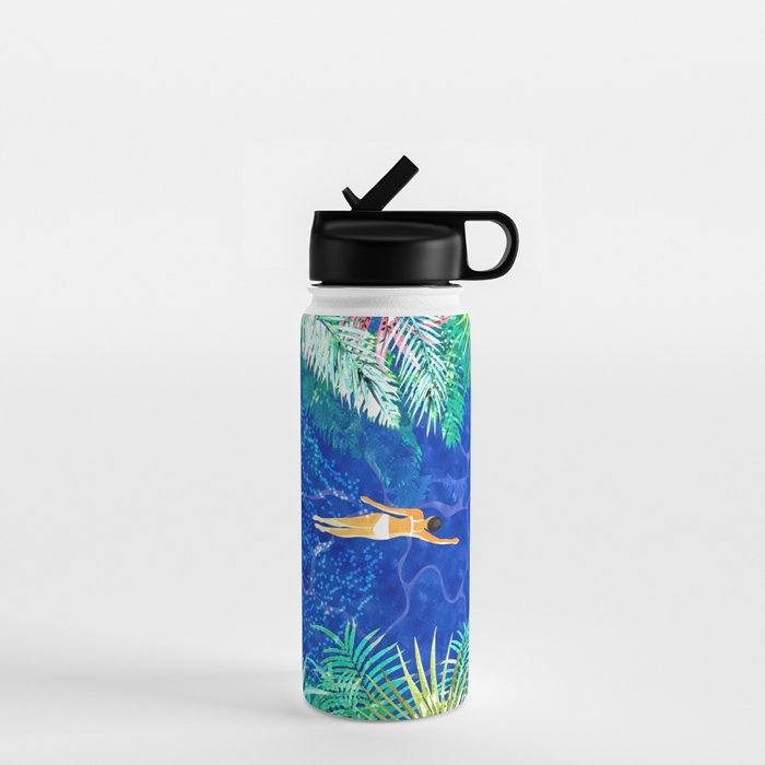 Tropical Jungle Pool | Forest Pop of Color Botanical | Travel Wild Plants Eclectic Watercolor Swim  Water Bottle Gallery Image 1