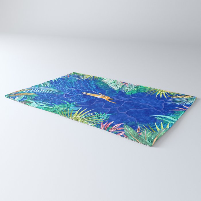 Tropical Jungle Pool | Forest Pop of Color Botanical | Travel Wild Plants Eclectic Watercolor Swim  Rug Gallery Image 3
